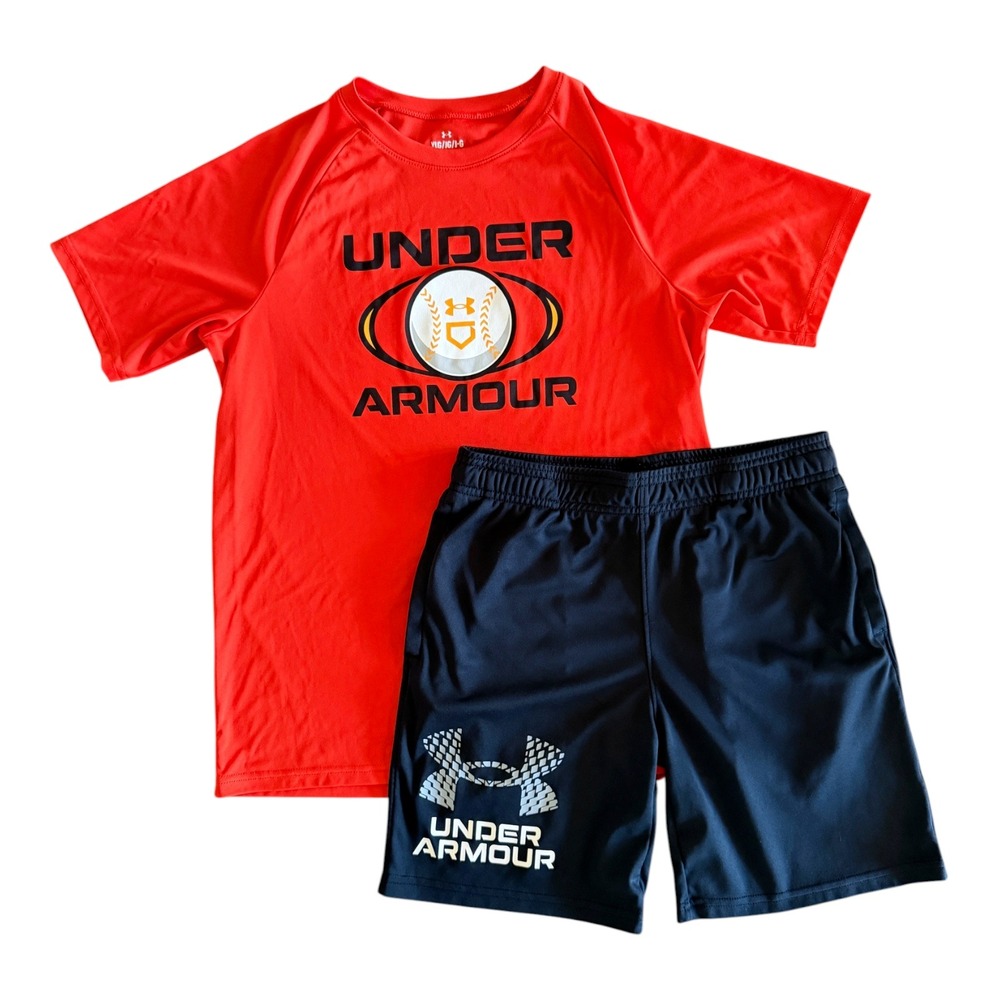 Under Armour Boys Orange Black Baseball Athletic Shirt Shorts Set - Youth Large